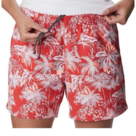 COLUMBIA WOMEN’S MEDIUM WATER SHORT IN RED HIBISCUS FESTIVE FISHIN’ PATTERN - Picture 9 of 11